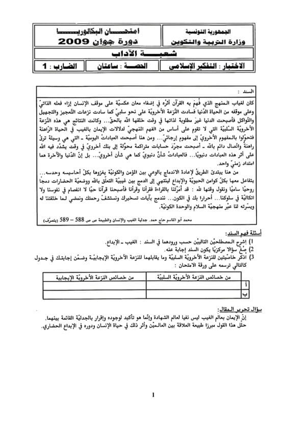 [L12new]- تفكير اسلامي- الامتحانات السابقة بالإصلاح 2009-2024 شعبة الآداب