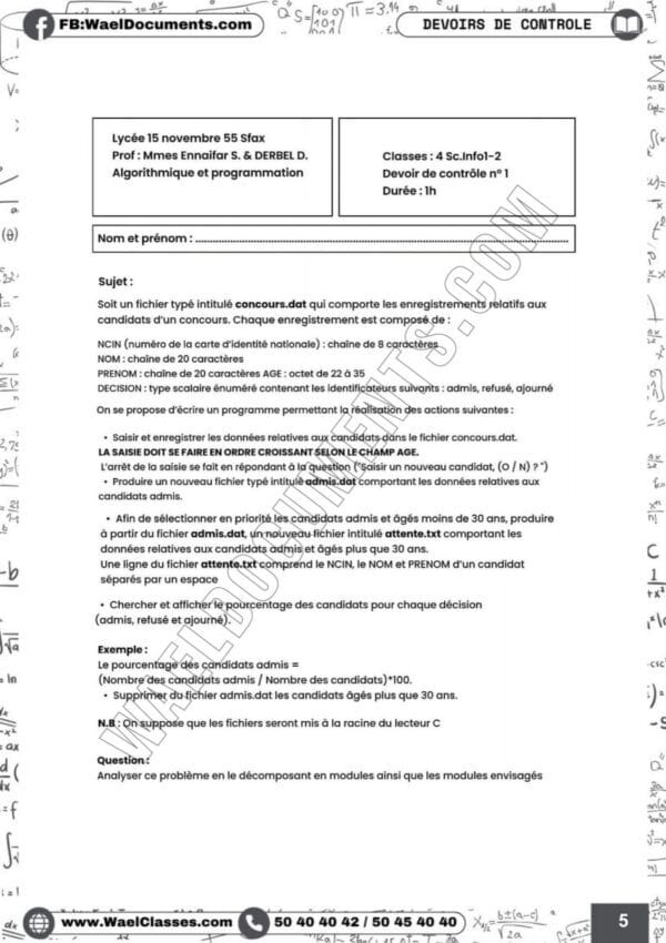 [i12new] Algo et Prog- Devoirs corrigés- Bac informatique