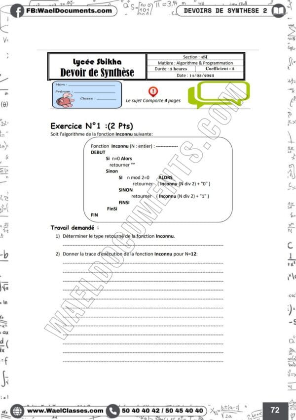 [i12new] Algo et Prog- Devoirs corrigés- Bac informatique